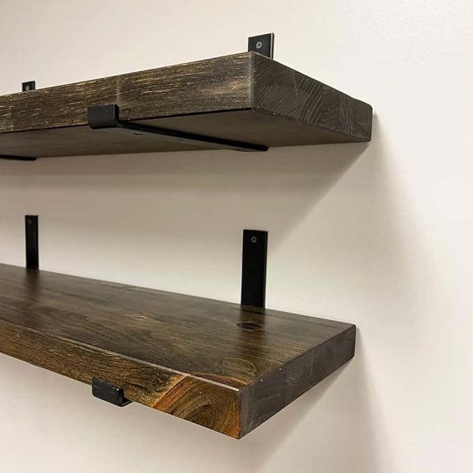 Rustic Shelves with J-Brackets Set of 2, Industrial Shelf, Kitchen Shelves, Solid Wood, Decorative Wall Storage, Heavy Duty, URBANDI (Dark Brown, 12Wx10D)
