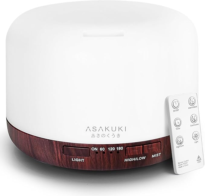 ASAKUKI 500ml Essential Oil Diffuser, Aromatherapy Fragrant Oil Humidifier Vaporizer, 7-Color Light and Auto-Off Safety Switch Reddish-Brown