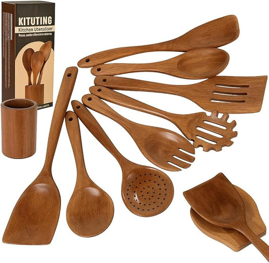 Wooden Spoons for Cooking Set of 10 - Cooking Utensils with Spoon Rest & Holder – Comfortable Grip & Easy to Clean - Wooden Spoon Set for Kitchen with four Hanging Hooks