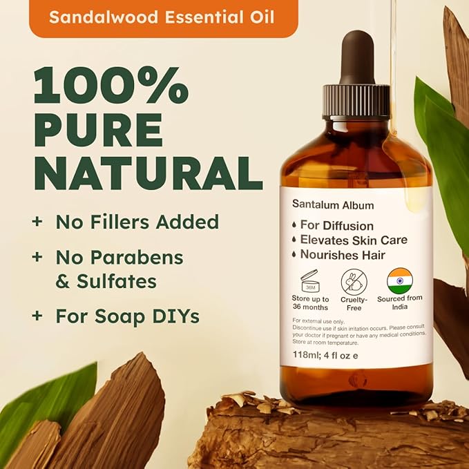 Kukka Sandalwood Essential Oil for Diffuser & Skin - 4 Fl Oz - 100% Pure Natural Sandalwood Oil, Woody Scent, for Massage, Perfume, Hair, Aromatherapy, Candle & Soap Making Scent DIY