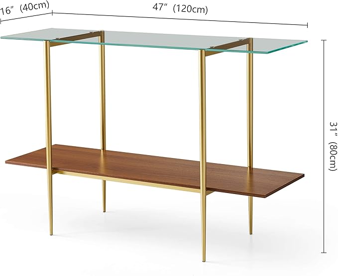 Extra Large Glass Console Table for Living Room, Foyer & Entrance, L47 x W16 x H31, Mid-Century Modern Sofa Table with Clear Glass Top, Walnut Finish Wood Top and Gold Finish Metal Frame