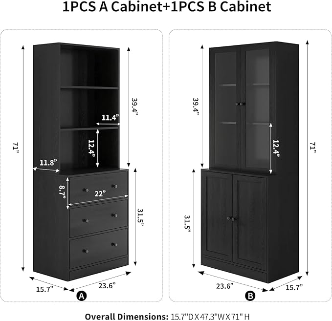 TUSY 71" Bookshelf Bookcase, 3-Tier Modern Bookshelves 3 Large Drawer, Wood Filing Cabinet with Open Storage Shelf, Glass Doors 5-Tier Fixed Storage Shelves for Home Office (Black)