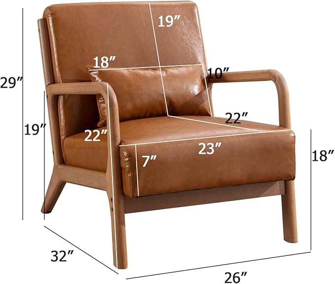 INZOY Mid-Century Modern Accent Chair Set of 2, PU Leather Reading Armchair with Waist Cushion, Upholstered Living Room Chairs for Bedroom Sunroom, Camel Set