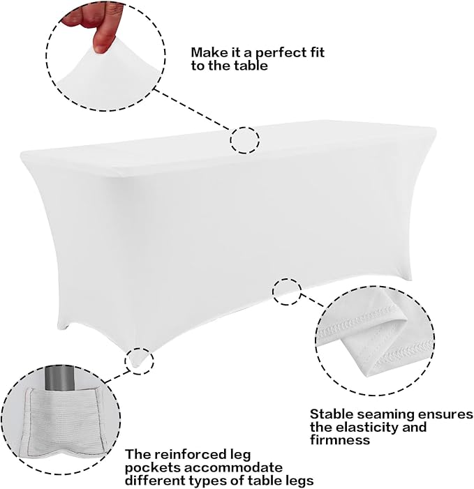 IVAPUPU 6FT Spring Table Cloth for Rectangular Fitted Events Stretch White Table Covers Washable Spandex Tablecloth Protector for Party, Wedding, Cocktail, Banquet, Festival