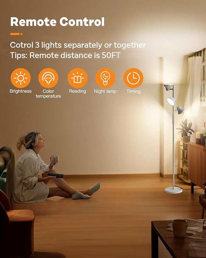 LED Tree Floor Lamp Silver, 36W Super Bright Standing Lamp with Remote Control, 4 Color Temperatures, 3 Rotatable LED Lights, Dimmable Floor Lamps for Living Room, Bedroom, Office