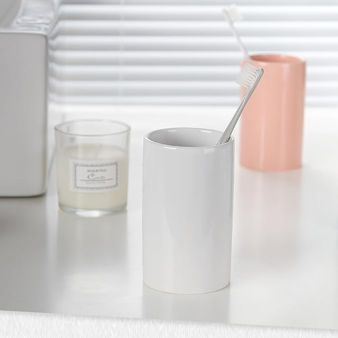 White Ceramic Toothbrush Holder, Tumbler Cups Reusable Toothbrush Mouthwash Cup,Makeup Brush Holder, Bathroom Counter Organizer(300ml)