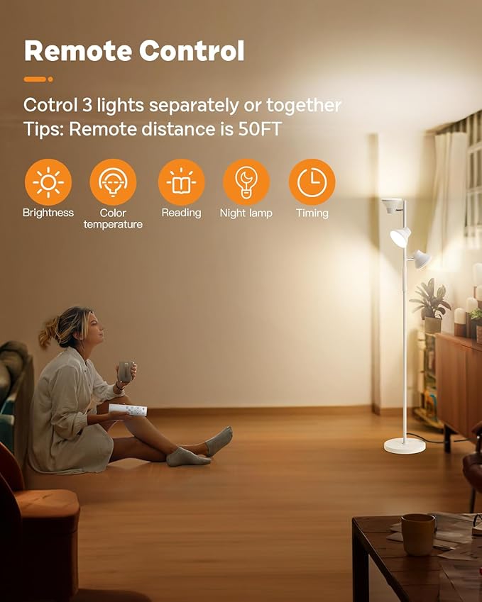 White Floor Lamp, 36W Modern Dimmable Standing Lamp 2700-6500K, 3 Rotatable LED Lights Reading Tall Lamp, Touch & Remote Control Floor Lamps for Living Room Bedroom Office