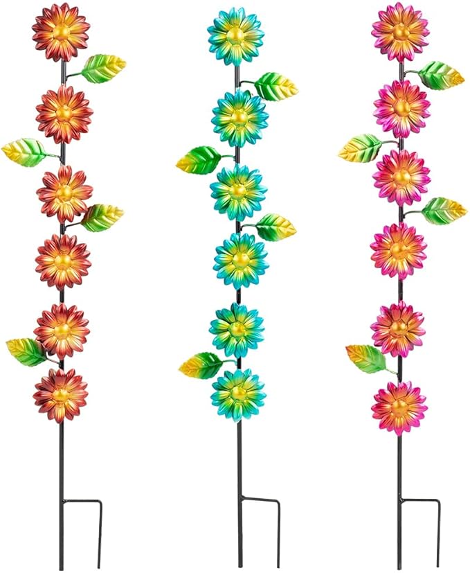 3Pack Flowers Decorative Garden Stakes,Spring Outdoor Metal Flowers Decorations,Metal Yard Art for Outside Patio Porch Decor(22.6 * 5.1IN)