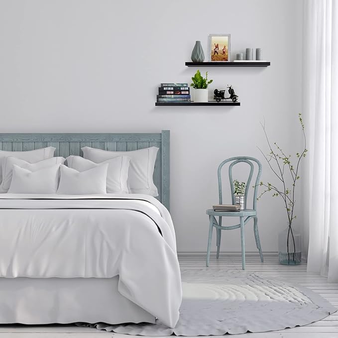 Meangood Floating Shelves Black 17 inch Wall Mounted Natural Bamboo Wood Wall Storage Shelves for Bedroom,Living Room,Bathroom, Kitchen(Set of 2)