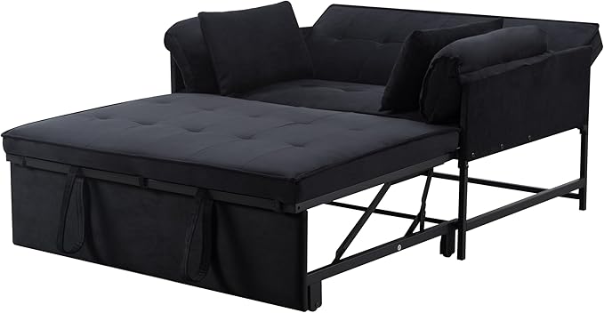 Pull Out Sofa Bed, 46” Futon Couch with Convertible Sleeper, Velvet Pull Out Couch with Adjustable Backrest, Small Sofa Bed with 2 Pillows for Living Room Office Guest Room, Black