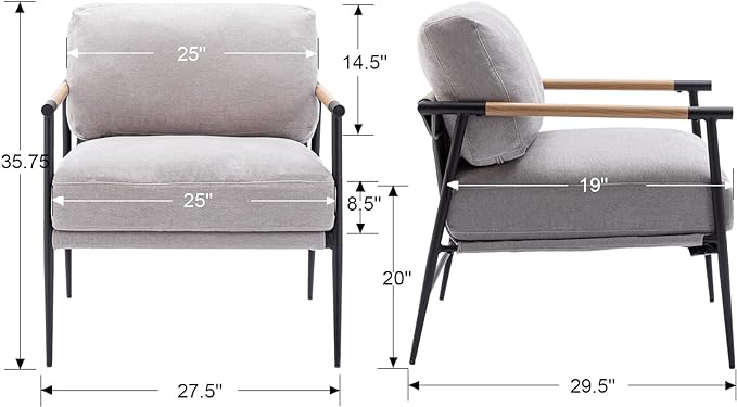 Mid-Century Accent Chair Set of 2, Soft Armchair Chenille Fabric Lounge Chair with Black Metal Legs, Upholstered Leisure Chair for Living Room Bedroom Reception Room, Grey