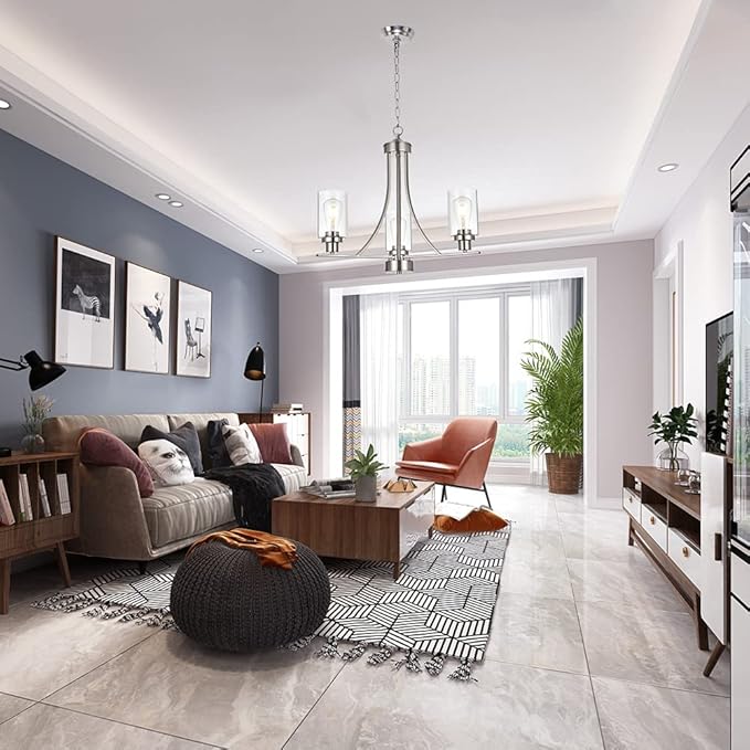 BONLICHT Contemporary Chandelier 3 Light Brushed Nickel Modern Lighting Fixtures Hanging Clear Glass Shades Pendant Light Classic Ceiling Lamp for Kitchen Dinging Room Living Room Bedroom Hallway