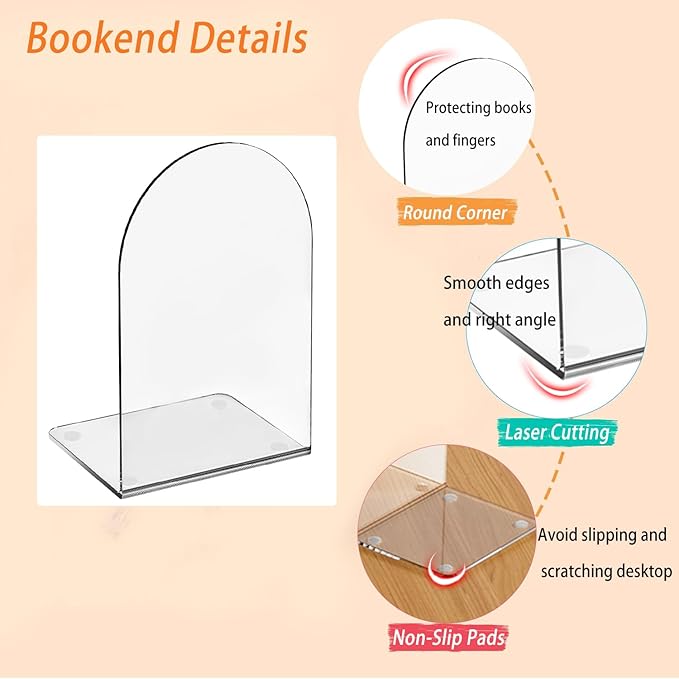Lulonpon 6 Pieces Book Ends, Bookends, Books End for Shelves, Books End for Heavy Books, Clear Bookends, Acrylic Book Ends for School, Library,Desktop Organizer and Book Shelves