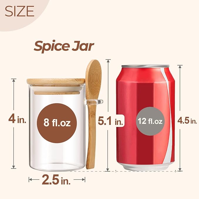 ComSaf 12 Pcs Glass Spice Jars and Spoons, 8oz Glass Containers with Bamboo Lids, Storage Containers with Airtight Lids with 275 Labels for Seasonings, Salt, Loose Leaf Tea Storage