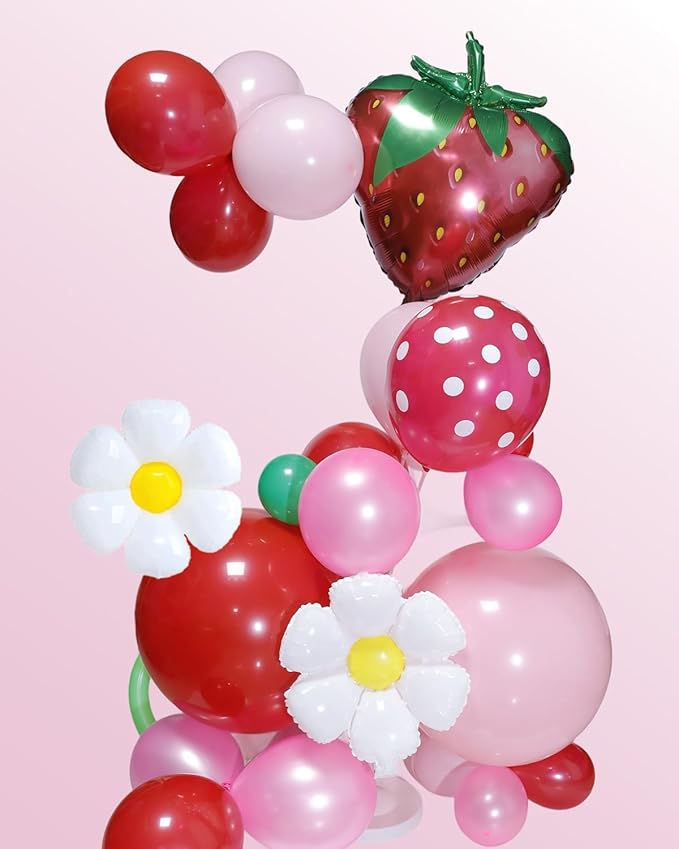 Strawberry Balloons Arch Garland Kit, 135PCS Red and Pink Balloons with Strawberry Daisy Foil Balloons for Sweet Girl Berry First Birthday Decor Baby Shower Themed Party Decorations