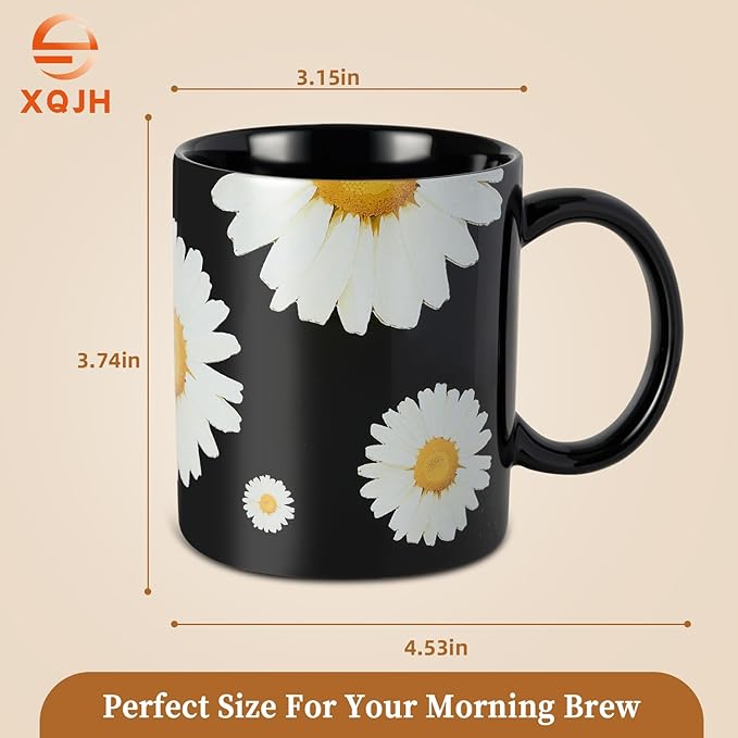 12Oz Daisy floral Black Ceramic Mug, Mug for Daily Coffee and Tea, Lead-free Microwave and Dishwasher Safe Coffee Mug, Perfect gifts for Women and men