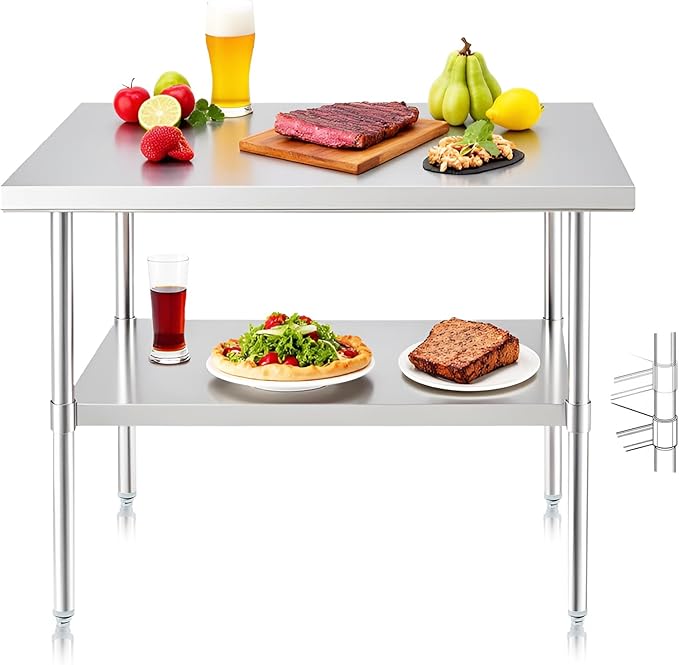 NUUK Stainless Steel Work Table 24 x 36 Inches Heavy Duty Commercial Workstation Adjustable Height Kitchen Food Prep Worktable for Restaurant, Home and Hotel