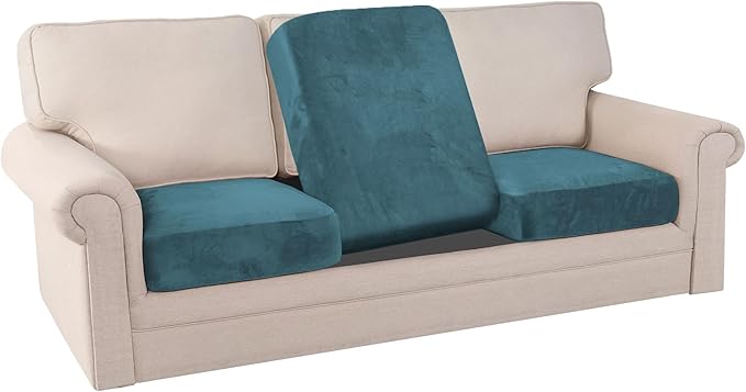 PrinceDeco Couch Cushion Covers, Stretch Washable Sofa Cushion Cover, Fitted Sofa Slipcover Velvet Fabric Non-Slip Furniture Protector for Dog,Pets, Kid (Each Width Up to 29.5", Blue)