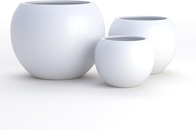 DTY Signature Mount Sherman Lightweight Durable Modern Fiberstone Sphere Planter for Indoor & Outdoor Drainage Hole & Rubber Plug Weather Resistant, 13.5" H x 17" Dia, 12" Opening - Medium, White