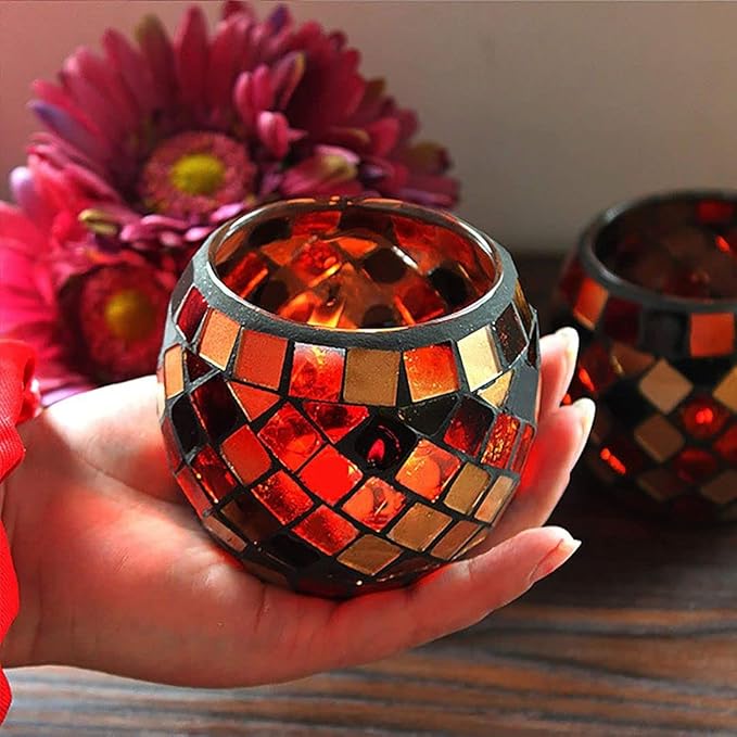 Votive Candle Holder Tea Lights - Glass Candle Holders, Mosaic Tealight Candle Holder, Candle Jar Cup for Wedding Centerpiece Party Table Decorations, Valentines Day Decor