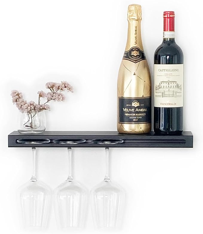 Wall Mounted Wine Rack – Metal Floating Bar Shelf with Bottle and Glass Holder, Holds 5 Bottles and 4-6 Glasses