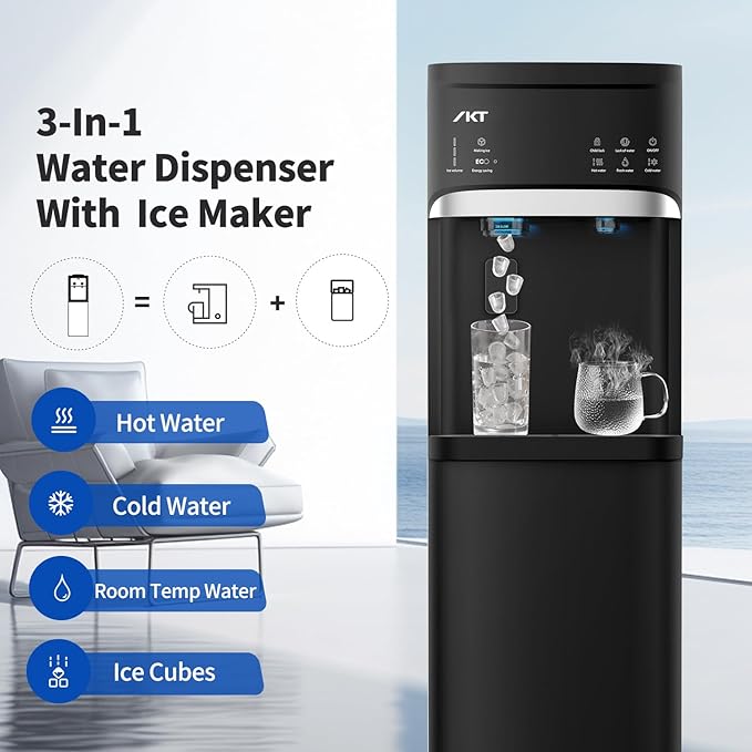 IKT Self-Cleaning Bottom Load Hot and Cold Water Cooler Dispenser with Ice Maker for 5 Gallon Bottle 22lbs Daily Capacity Perfect for Home Black