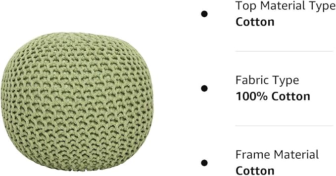REDEARTH Round Pouf Foot Stool Ottoman - Cotton Knitted Cord Boho Pouffe - Cable Poof Filled Footrest Stuffed for Living Room - Nursery - Bedroom - Patio - Lounge (19.5"x19.5"x14") - Kiwi