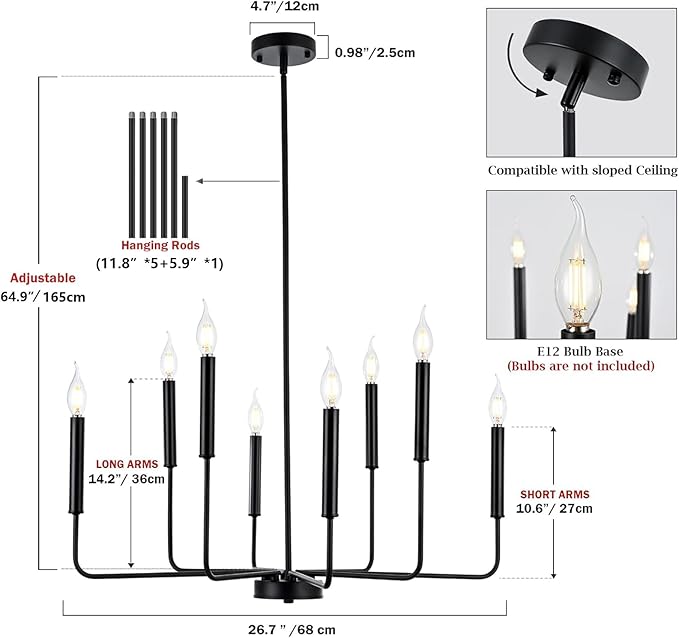Modern Black Farmhouse Chandeliers, 8-Light Industrial Metal Chandelier Lighting, Classic Candle Hanging Pendant Light Fixtures for Kitchen Bedroom, Dining Room, Living Room,Foyer
