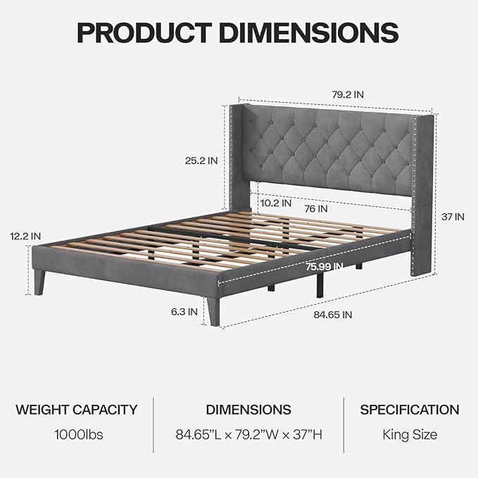 King Size Bed Frame with LED Lights, Upholstered Bed Frame with Wingback Diamond Tufted Headboard, Wood Slats Support, Noise-Free, Easy Assembly, No Box Spring Needed, Grey