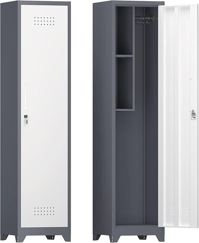 Storage Cabinet,Slim Broom Closet Storage Cabinets with Lockable Doors,Narrow Utility Cabinets with Hanging Rod,Tall Broom Closet for Laundry,Home Office,Grey-White