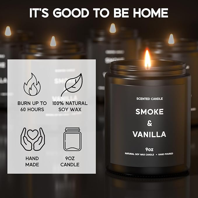 Smoke & Vanilla Candle, 9oz Scented Candle for Men, Scented Candles for Home, Gifts for Men, Personalized Blessing Minimalist Men's Gifts