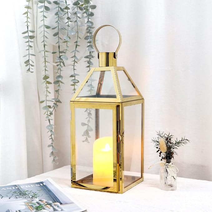 JHY Design Gold Decorative Lanterns 16" H Stainless Steel Candle Lanterns with Tempered Glass for Indoor Outdoor Events Parities and Weddings