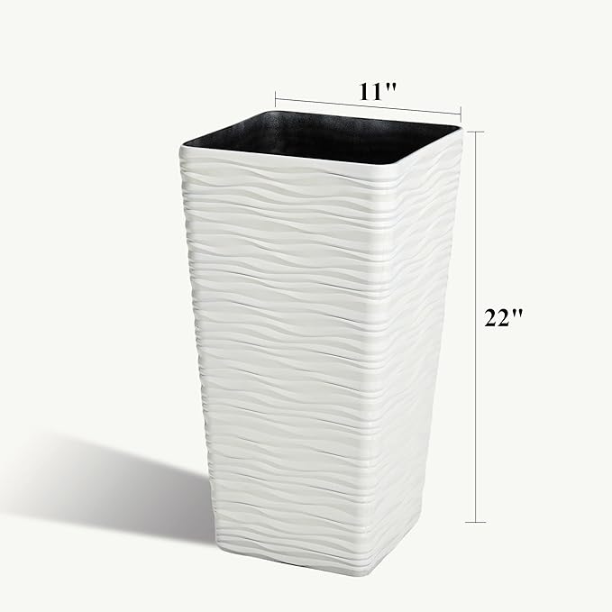 Worth Garden 22" Tall Planters Set of 2 - Plastic White Square Plant Pots - Modern Big Tapered Matte Wavy Tree Flower Pot for Indoor Outdoor Porch Deck