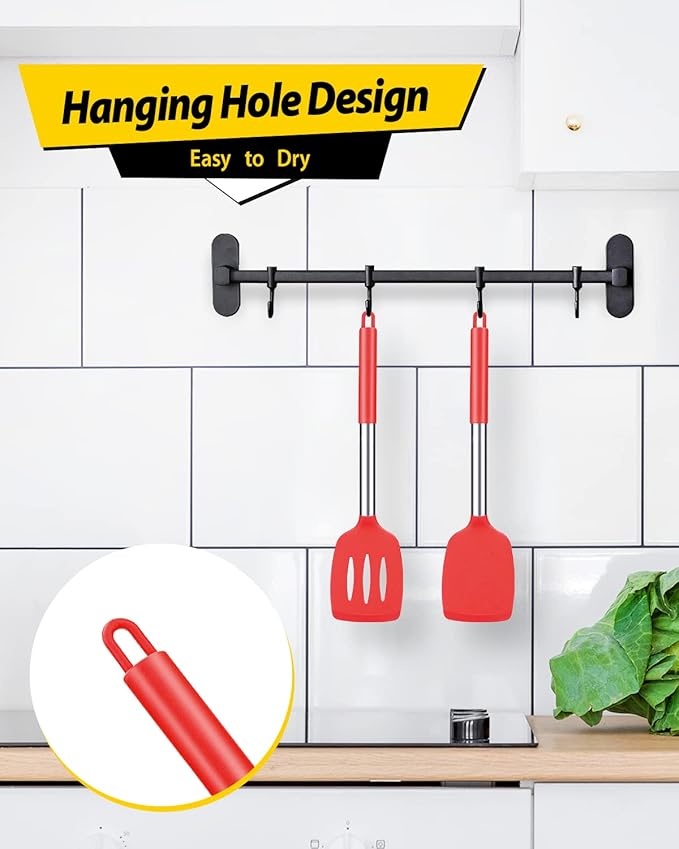 Pack of 2 Silicone Solid Turner, Non Stick Slotted Kitchen Spatulas, High Heat Resistant BPA Free Cooking Utensils, Ideal Cookware for Fish, Eggs, Pancakes(Red)