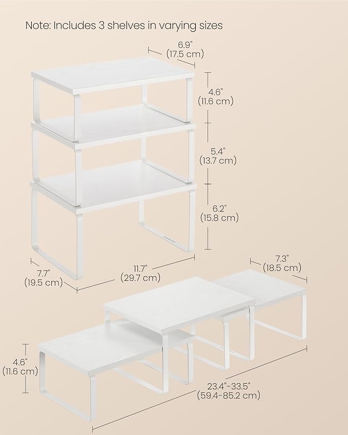 SONGMICS Cabinet Organizer Shelf, Set of 3 Kitchen Counter Shelves, Kitchen Storage, Spice Rack, Stackable, Expandable, Snow White and Matte White UKCS220W01
