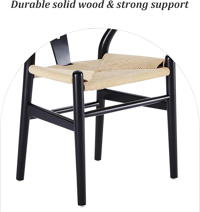 Wishbone Chair Natural Solid Wood Dining Chair/Hans Vegner Y Chair Rattan and Wood Accent Armrest Chairs Set of 2 (Ash Wood - Black + Natural Cord 2 Chairs)