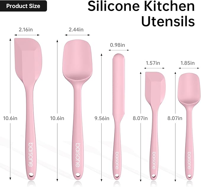 Barsone 5-Piece Silicone Spatula Set( Heat Resistant 446°F Food Grade BPA Free, Nonstick Cookware Safe Dishwasher Safe Kitchen Tools for Baking, Cooking, Stirring, Pink)