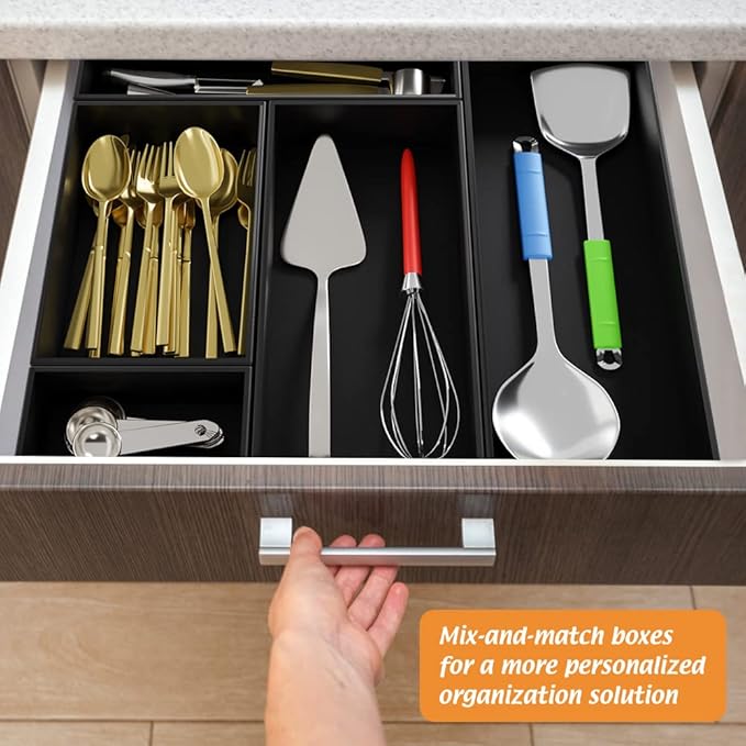 Black Bamboo Drawer Organizer - Silverware&Utensil Holder Organizer for Kitchen Drawers, Multi-Use Drawer Dividers Boxes for Bathroom Counter,Cabinet, Garage, Office Desk, Makeup, Jewelry (15"6"2.5")