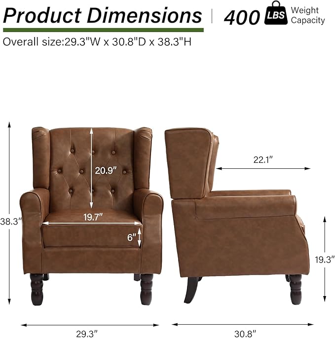 Accent Chair, Upholstered Armchair with Button Tufted High Back & Solid Wood Legs, Comfy Wingback Reading Single Sofa Chair for Small Spaces, Living Room, Bedroom (Leather Brown, Set of 1)