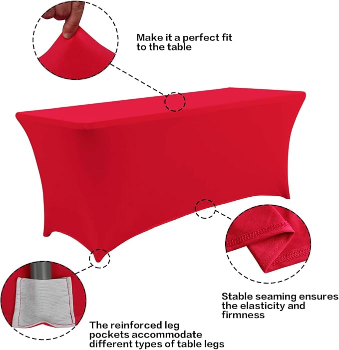 IVAPUPU 2 Pack 6FT Table Cloth for Rectangular Fitted Events Stretch Red Table Covers Washable Spandex Tablecloth Protector for Party, Wedding, Cocktail, Banquet, Festival