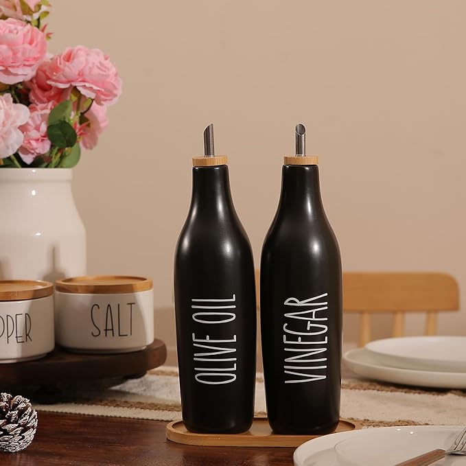 HOMCDALY Olive Oil and Vinegar Dispenser Set, Ceramic Oil and Vinegar Bottles with Bamboo Tray, 16.9oz Kitchen Cruet - Set of 2 - Black