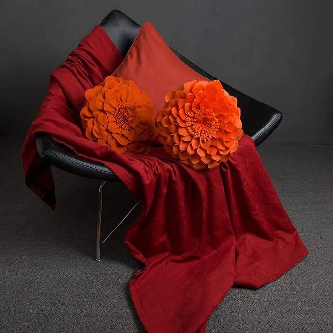 JWH Handmade 3D Flower Pillow Covers Aesthetic Decorative Round Throw Pillow Floral Pillow Cases Velvet Pillowcase Accent Cushion for Living Room Bed Couch Home 12 Inch Red Orange