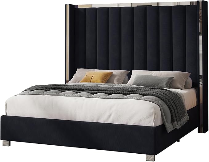 Jocisland King Size Bed Frame with 58" Tall Headboard, Velvet Upholstered Platform Bed with Channel Tufted Wingback Headboard and Plating Trim, No Box Spring Needed, Black
