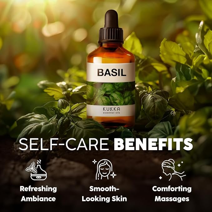 Kukka Basil Essential Oil for Diffusers - 4 Fl Oz - 100% Pure Natural Basil Oil for Skin & Aromatherapy Scent Massage Candles & Soaps Making Scent