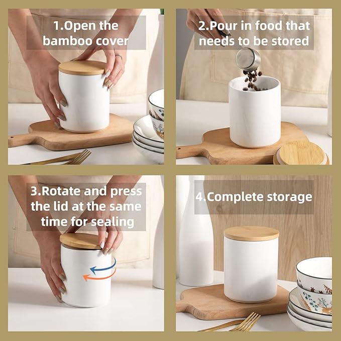 Sweejar Kitchen Canisters Ceramic Food Storage Jar Set, Stackable Containers with Airtight Seal Bamboo Lid for Serving Ground Coffee, Tea,Grains, Herbs,Sugar, Salt and More - Pack of 4(Gray)
