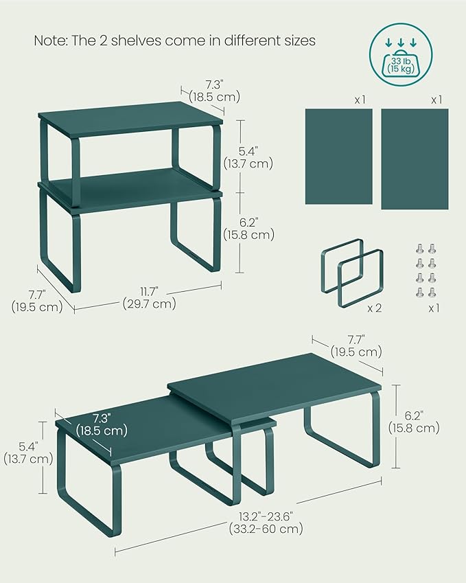SONGMICS Cabinet Organizer Shelf, Set of 2 Kitchen Counter Shelves, Kitchen Storage, Spice Rack, Stackable, Expandable, Metal and Engineered Wood, Marrs Green UKCS002C02