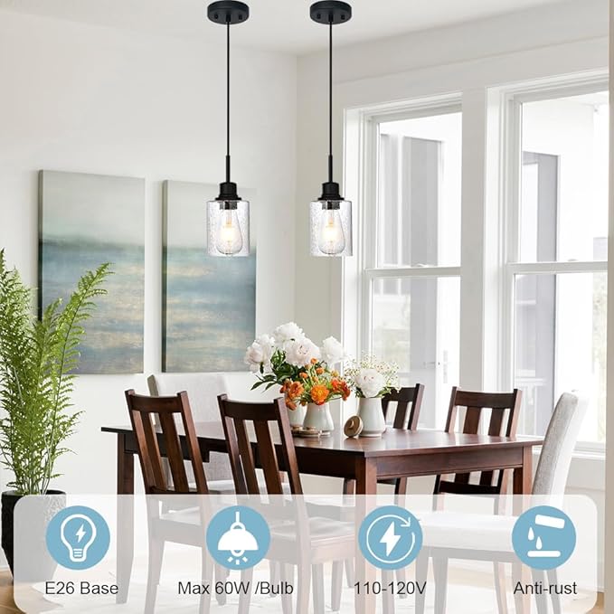 Modern Farmhouse Pendant Lighting for Kitchen Island,Industrial Dining Room Light Fixtures Hanging Over Table with Seeded Glass,2 Pack Black Pendant Lights Mini Chandeliers for Sink Bar