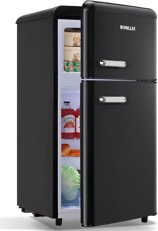 Mini Fridge Dual Door Refrigerator with Freezer, 3.5 Cu.Ft Compact Refrigerator with Handle, Adjustable Temperature & Removable Glass Shelves, for Apartment/Dorm/Office/RV, Black