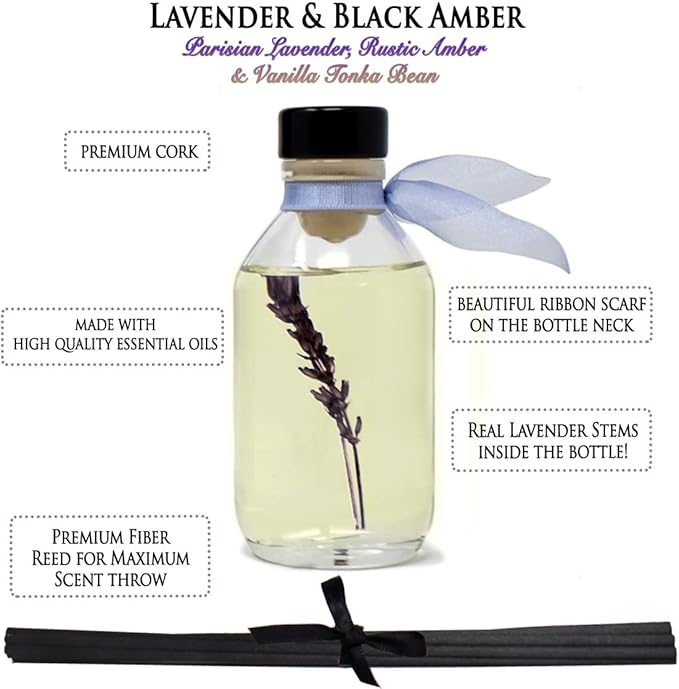 LOVSPA Reed Diffuser Set, Lavender & Black Amber Scented Oil Diffuser with Sticks, Home Fragrance Accessories for Bathroom Shelf Decor, Aroma Diffusers for Home or Office Desk, USA Made
