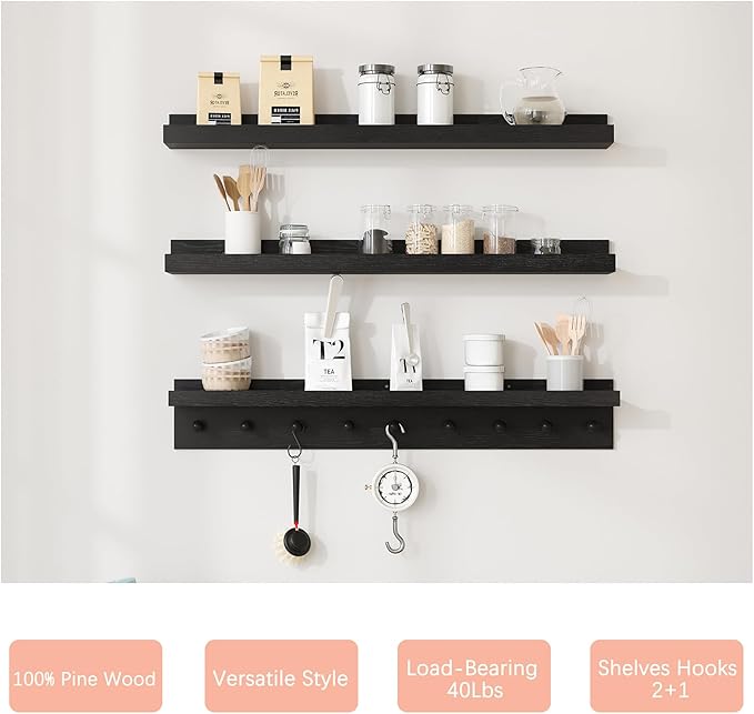 MBYD Floating Shelves for Wall, Nursery Floating Bookshelf for Kids Room, Black Wall Mount Book Shelves with Hooks for Living Room Bedroom Bathroom, 36 Inch Picture Ledge Kitchen Spice Rack Set of 3